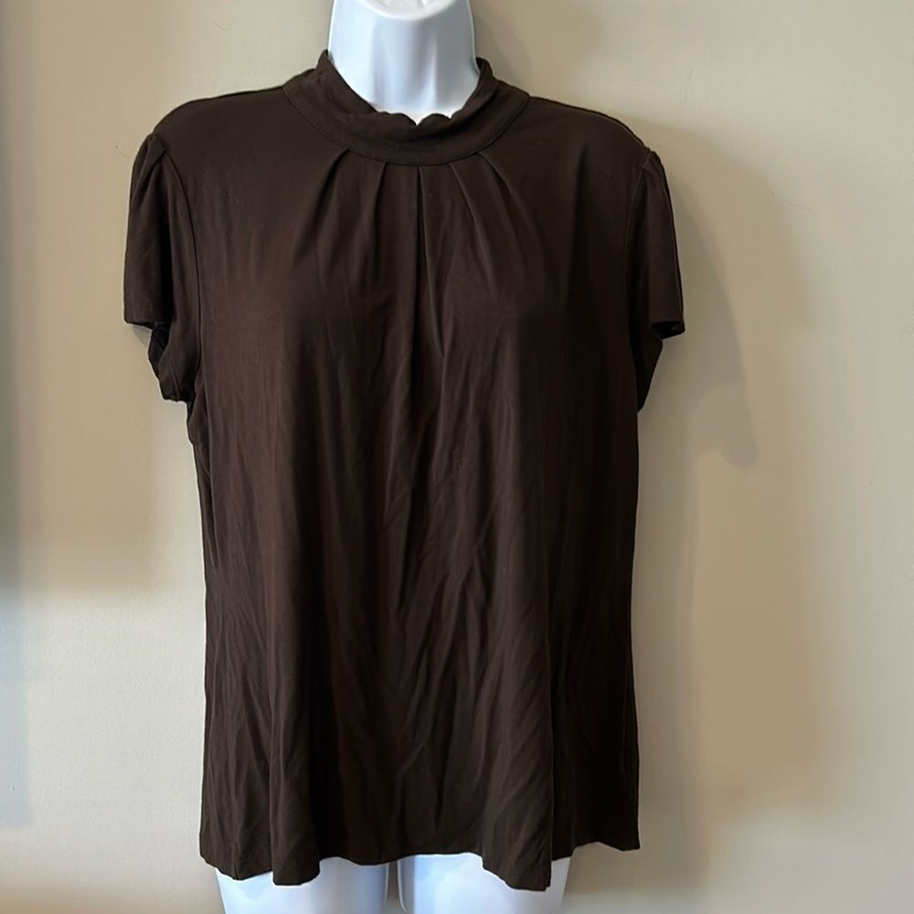 Style & Co Women's Brown Short Gathered Neck Short Sleeves Blouse Top Size Large
